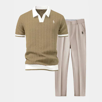 V-Neck Cotton-Blend Shirt and Tapered Pants Ensemble