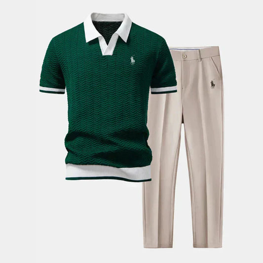 V-Neck Cotton-Blend Shirt and Tapered Pants Ensemble