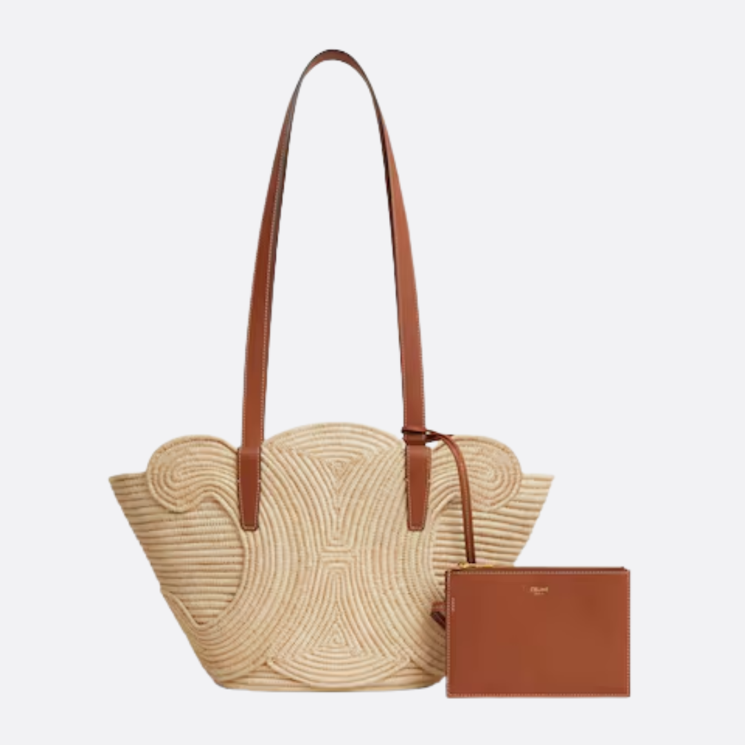 CLASSIC SMALL PANIER HANDBAG IN RAFFIA AND CALFSKIN